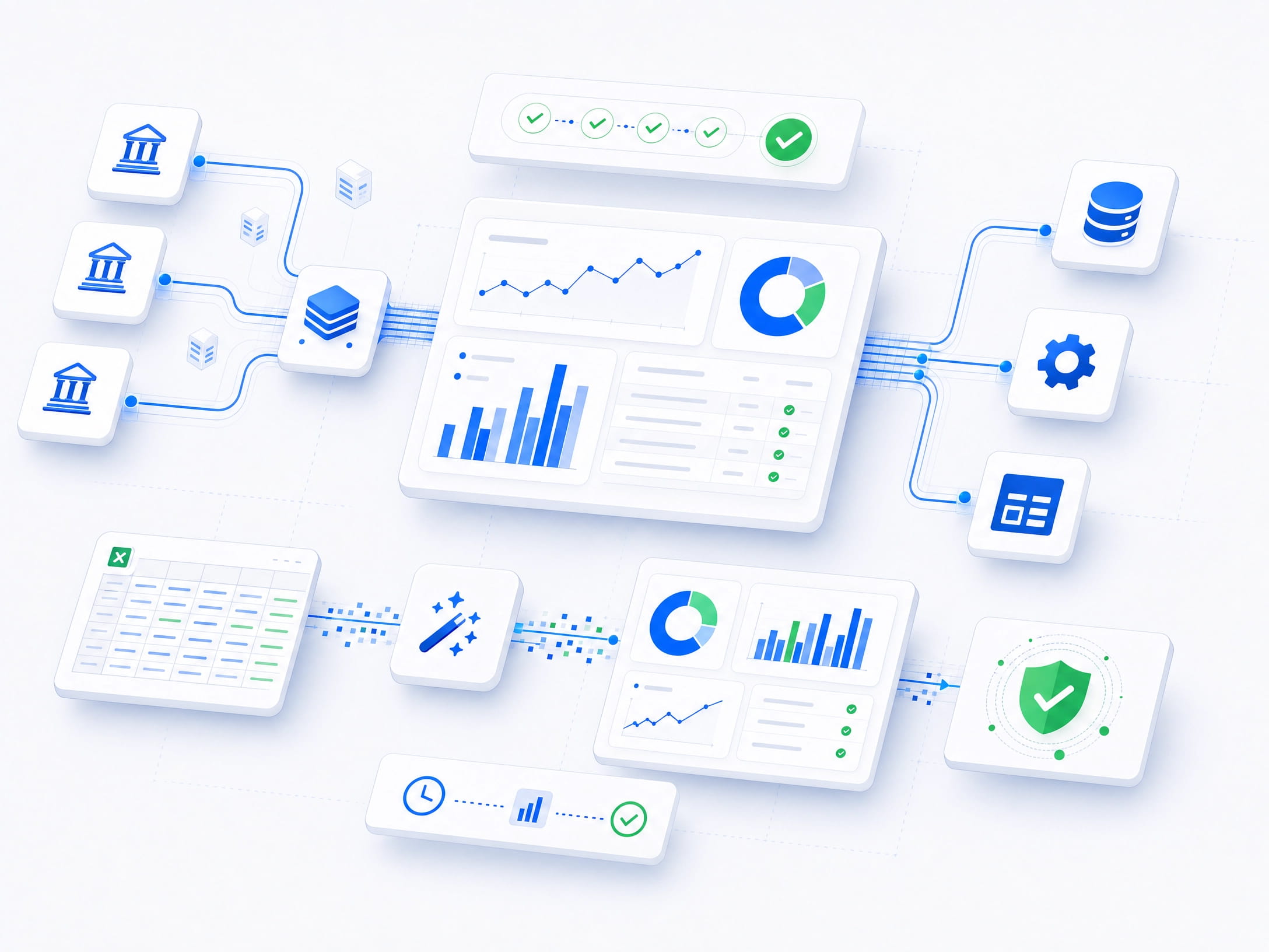 Conciliação automática conectando bancos, sistemas, planilhas, dashboards e controles de segurança.